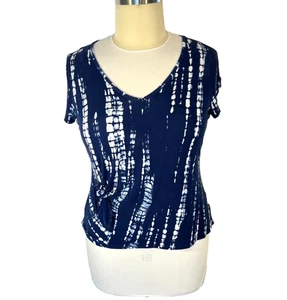 Liz Claiborne - Women's L Blouse Cap Sleeve Blue White Shibori Tie Dye Stretch - Picture 1 of 15