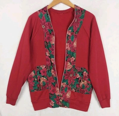 Cardigã feminino vintage de lã Natal anos 70 médio poinsétias bolsos flores - Imagem 1 de 4