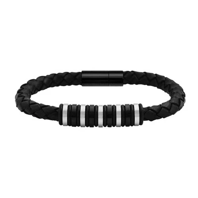 Geoffrey Beene Men's Genuine Braided Leather Bracelet with Stainless Steel Ru... - Image 1 of 3