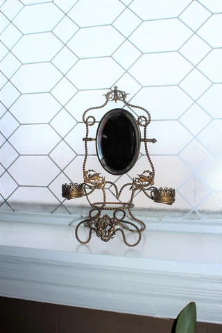 Antique Victorian Twisted Wire Shaving Mirror Stand with Cherubs and Birds Cover