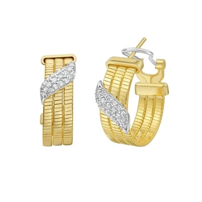 14k Yellow Gold Triple Omega Row Hoop Earrings with .30ct Diamonds 21MM 8.5Grams - Image 1 of 4