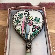 Vintage  Small Oriental Hand Painted Porcelain Mirror Jade Handle WE