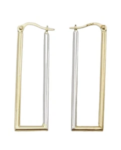 White & Yellow Polished Rectangle Hoop Earrings 1.5 Inch Long New Real 14K Gold - Picture 1 of 15