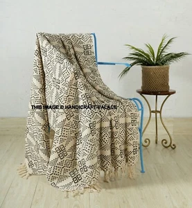 Indian Mudcloth sofa throw, beige cotton throw, throws for sofas, throw blanket - Picture 1 of 4