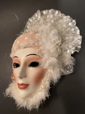 Máscara de pared facial de cerámica arte arcilla vintage plumas aleta cuentas de plata EE. UU., 11" Foto 1 de 4