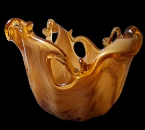 Vintage Murano Italy Art Glass Large Freeform Centerpiece Bowl Amber Swirl - Picture 1 of 17