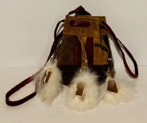 Native American Leather pouch with feathers  and draw string small size - Picture 1 of 2