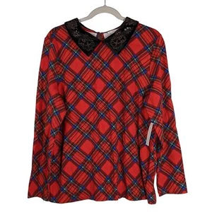 Charter Club Plaid Top Velvet Collar Embroidery Sequins Blouse Red M Holiday - Picture 1 of 9
