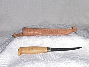 (919)-Vintage-Signed J Marttiini 8" Filet Knife w Embossed Leather Sheath w Loop - Picture 1 of 6