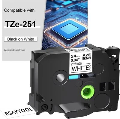 FIMAXTAPE TZ-251 Black on White Label Tape For Brother P-touch PT-1910 0.94" TZe-251 1-100