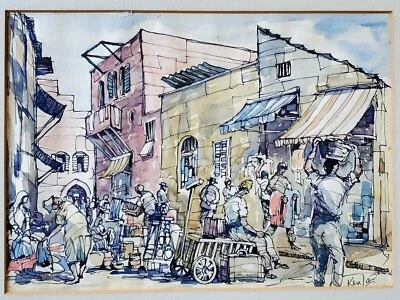 KEN LAW (1918-1988) Signed Original Ink & Watercolor Figural Painting People - Image 1 of 4