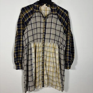 Abito camicia babydoll Peach Love flanella a quadri grande strati autunno blu grigio giallo - Foto 1 di 9