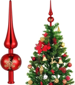 Topper de árbol de Navidad con acabado rojo vintage | Adorno de árbol pequeño de copo de nieve dorado de 9" - Imagen 1 de 9