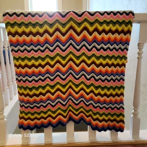 Colorful  Granny Afghan Blanket Multi Color Hand Stitched Cottage Cabin Zig Zag - Picture 1 of 3