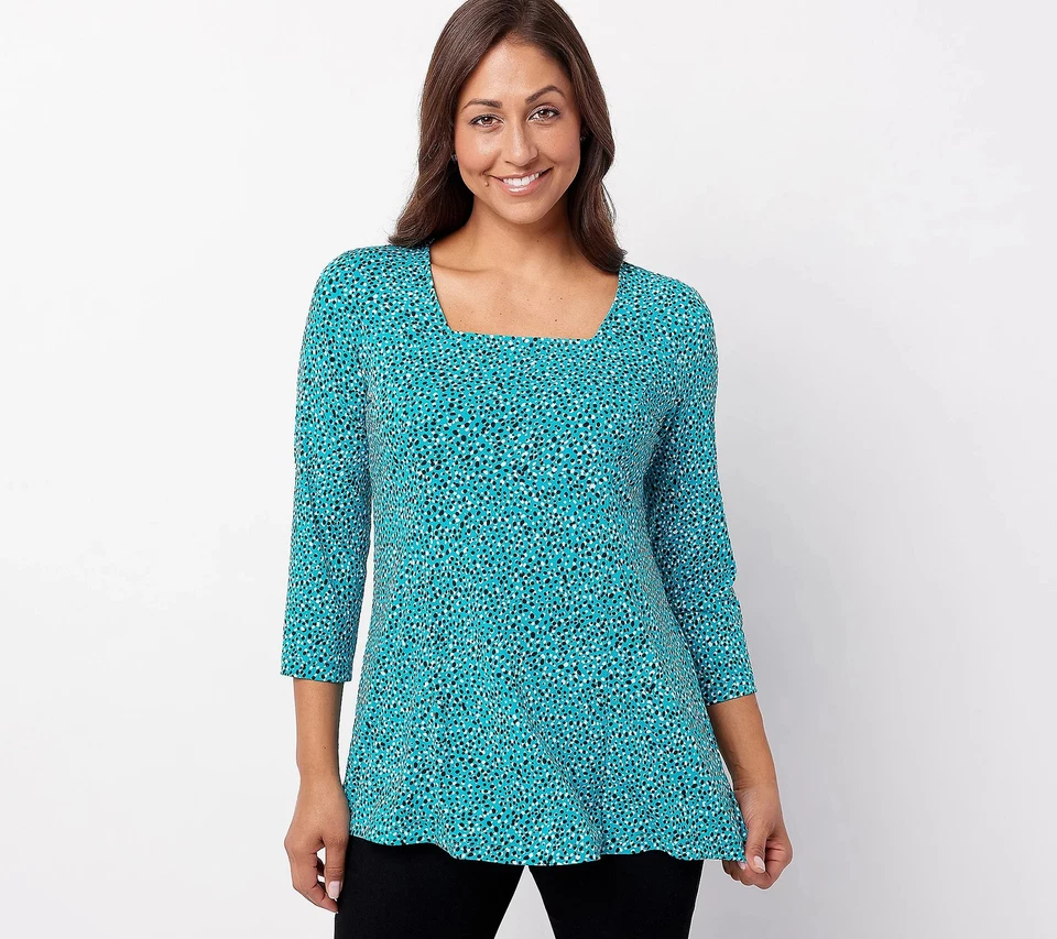 Top túnica Susan Graver estampado tejido líquido ajuste y acampanado verde azulado Tropicana L nuevo Foto 1 de 1