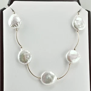 COLLAR ESTACIONARIO PERLA MONEDA NATURAL DE 14 MM BLANCO ORO BLANCO 14K 16 PULGADAS - Imagen 1 de 8
