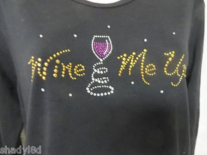 CACTUS BAY APPAREL Wine Me Up Embellished Black TEE Top  Embellished MEDIUM - Picture 1 of 4