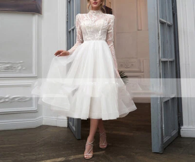 Short Tulle Wedding Dress High Neck Long Sleeves Tea Length Applique Bride Gowns - Image 1 of 4