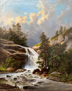 Alpenlandschaft mit Wasserfall. Öl auf Leinwand um 1890-1900. 55x69 cm. - Bild 1 von 6