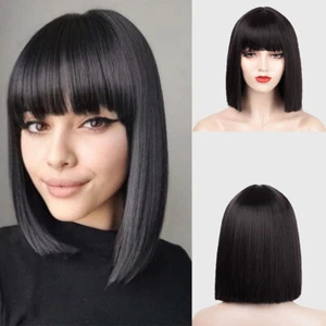 Short Black Bob Wigs with Bangs Synthetic Hair for Women Daily Party Blunt Cut - Picture 1 of 4