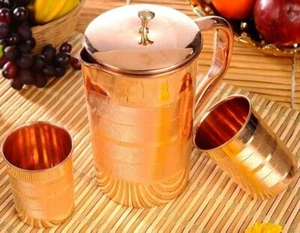 Pure Copper Water Pitcher with 2 Tumbler Each For Health Yoga Benefits 1.5L+300M - Picture 1 of 4
