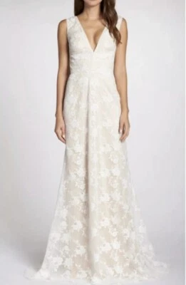 NWOT Tadashi Shoji Floral Grid Lace V Neck Wedding Dress BHLDN Size 16 - Image 1 of 4