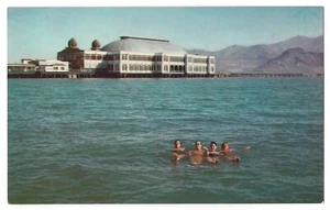 SALTAIR BATHERS Great Salt Lake City Utah Postcard UT Building & Floating People - Picture 1 of 2
