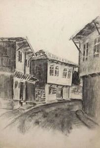 Antikes Aquarell Gemälde Landschaft Stadtbild - Bild 1 von 12