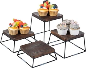 MyGift Set of 4 Burnt Wood and Black Metal Wire Square Dessert Risers Stands - Picture 1 of 7