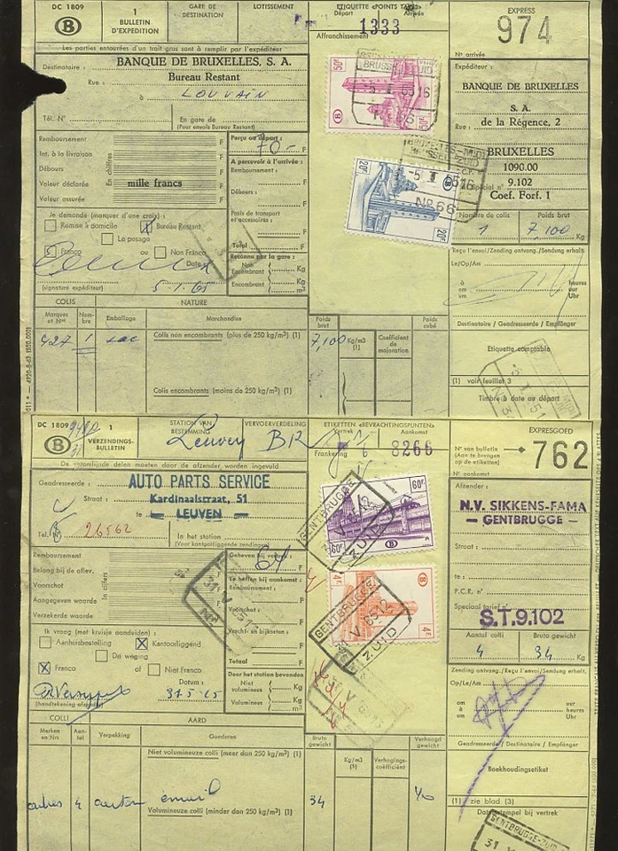 PAQUETES FERROVIARIOS BELGA AÑOS 60 MULTIFRANKING en AMARILLO EXPRESS DC1809 5 DIFERENTES Foto 1 de 1