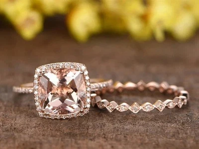 Halo Engagement Ring 2Ct Cushion Cut Lab-Created Morganite 14K Rose Gold Plated - Image 1 of 4