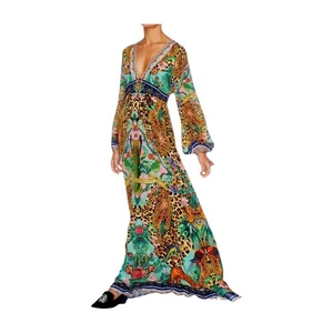Camilla Long Dress w/ Bell Sleeves | Jungle Print, Leopard Print, Maxi, V Neck - Picture 1 of 5