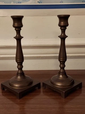 Vintage Pair 2 Antique Brass Candlesticks - 9" Tall - Square Base - Marked "W"  - Image 1 of 4