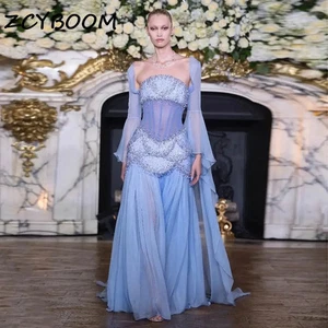 Luxus Perlen Quaste blau Abendkleid mit langem Cape Kristall exquisite Kleider - Bild 1 von 16