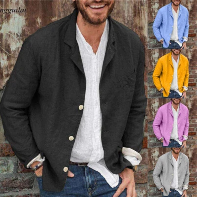 Men Cotton Button Linen Suit Jacket Suit Collar Loose Suit Jacket Solid Color - Image 1 of 4