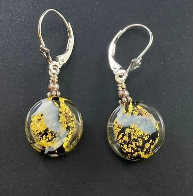 925 Earrings Gold Fleck Confetti Glass Earrings Round Dangle Leverback - Image 1 of 4