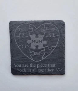 Personalised Slate Coaster with Heart Laser Engraving -Mum in the Centre & names - Picture 1 of 2