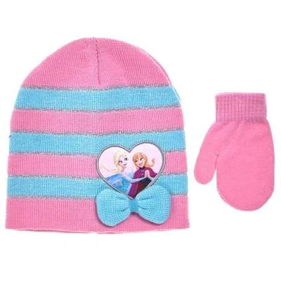 Disney Frozen Anna Elsa Niñas Gorro a Rayas Nieve Esquí Invierno Sombrero Gorra Mitones Conjunto Foto 1 de 3