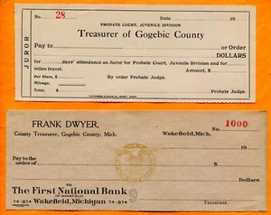 Gogebic County Michigan Treasurer of Gogebic Co. 2 Old Unissued Checks - Picture 1 of 2