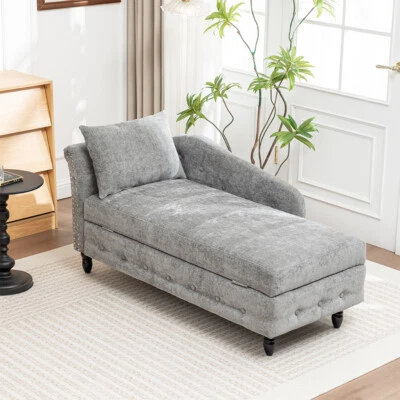 Grey Chenille Chaise Longue Padded Lounge Chair with Storage Living Room Bedroom - Image 1 of 4