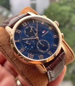 NEU ORIGINAL TOMMY HILFIGER 1791399 KANE BLAUES ZIFFERBLATT LEDER BRAUNES ARMBAND HERRENUHR - Bild 1 von 5