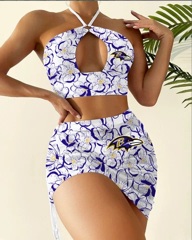 Baltimore Ravens 2PCS Halter Cutout Bikini Set Bathing Suit Skirt Swimsuits New Cover