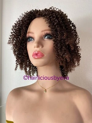 African American Wig Kinky Curly Afro Wig Golden Brown Middle Part Heat Ok Short - Image 1 of 4