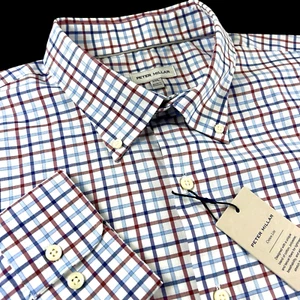 Camicia Peter Millar Corona Rosso Blu Bianco Gingham Check Manica Lunga Cotone 2XL - Foto 1 di 9
