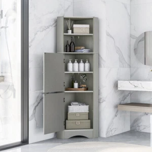 Tall Bathroom Corner Cabinet, Freestanding, Doors & Adjustable Shelves,MDF Board - Picture 1 of 14