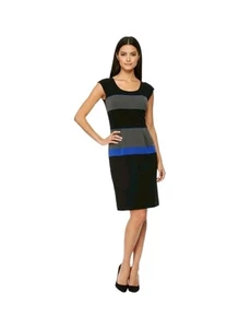 BCBGMAXAZRIA Colorblock Cap Sleeve Knit Dress Black Gray Blue Pleated Waist... - Picture 1 of 13