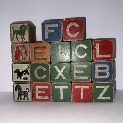 LATE 19TH-EARLY 20TH C AMERICAN ANTIQUE PNTD WOOD CUBE ALPHABET STACKING BLOCKS - Image 1 of 4