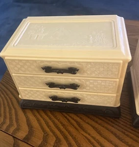 Cream Chinese Celluloid 3 Drawer  Jewelry Box 1940s-50s w/dragon pulls & scenes - Picture 1 of 9