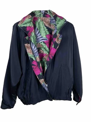Womens XL Black Satin & Pink Green Floral Reversible Zip Front Jacket w Pockets — 第 1/4 张图片