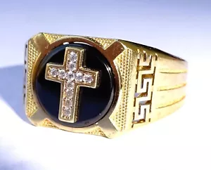 Men's 14ct Gold Onyx & CZ Crucifix Cross Signet Ring Size U - Picture 1 of 13